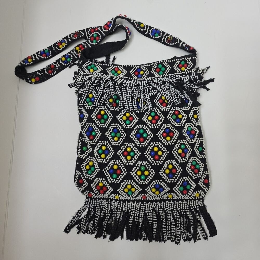 Vintage Beaded Candy Dot Purse Shoulder Bag Fringe Zipper Black Hippie Boho - Picture 2 of 12